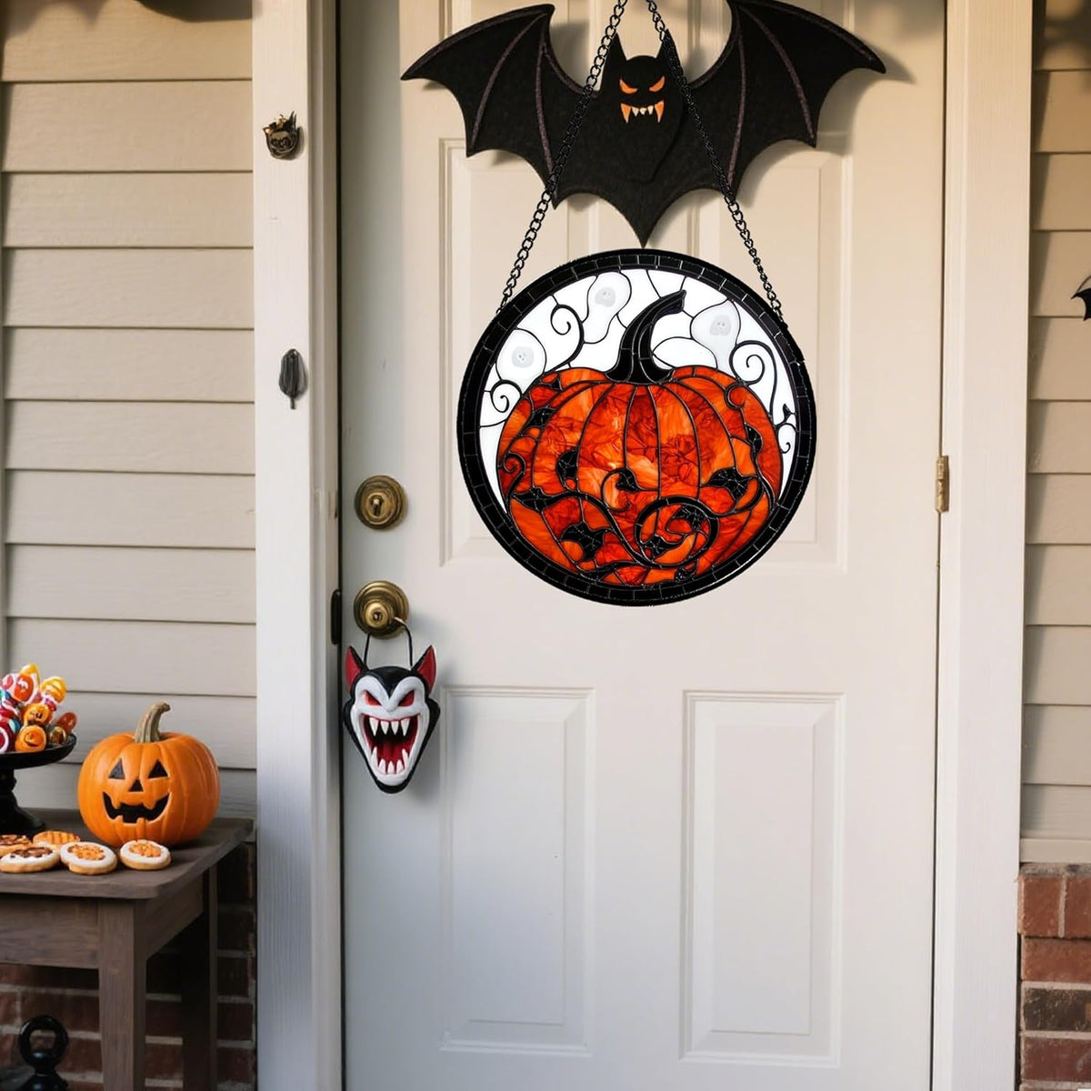 Stained Glass Window Hanging - Halloween Red White Scary Pumpkin Suncatcher for Doors Garden Home