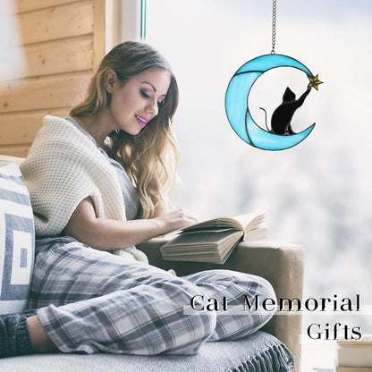 Stained Glass Cat on Moon Pick Star Window Hanging Suncatchers Memorial Gift Decor for Women (Black