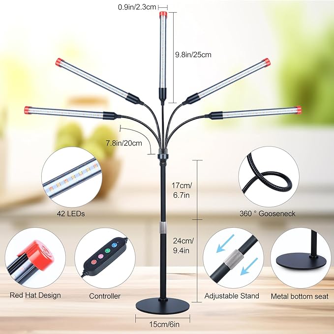 5-Head Table Top Grow Lights for Indoor Plants, Seed Starting, Bonsai with Timer, 45W Power Home