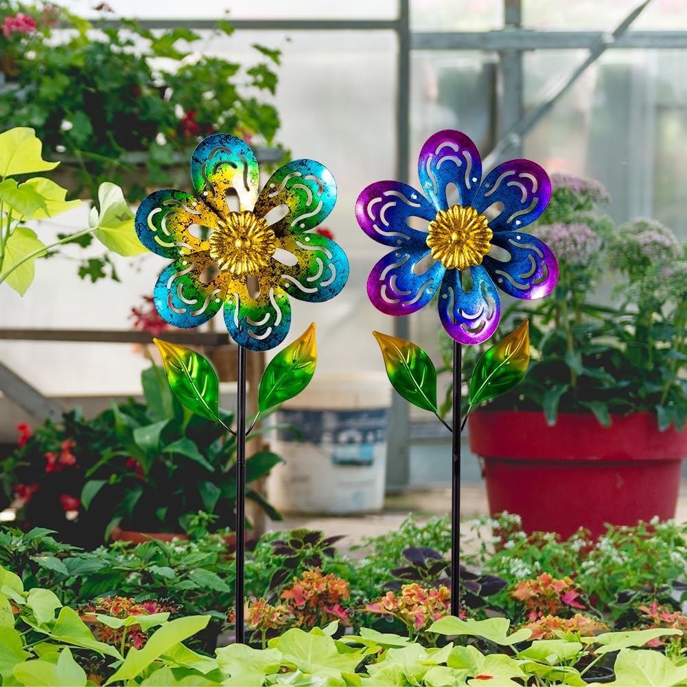 Viveta 2 Pack Wind Spinners,Flower Garden Sculpture, Metal Windmill, Green and Purple Pinwheels for