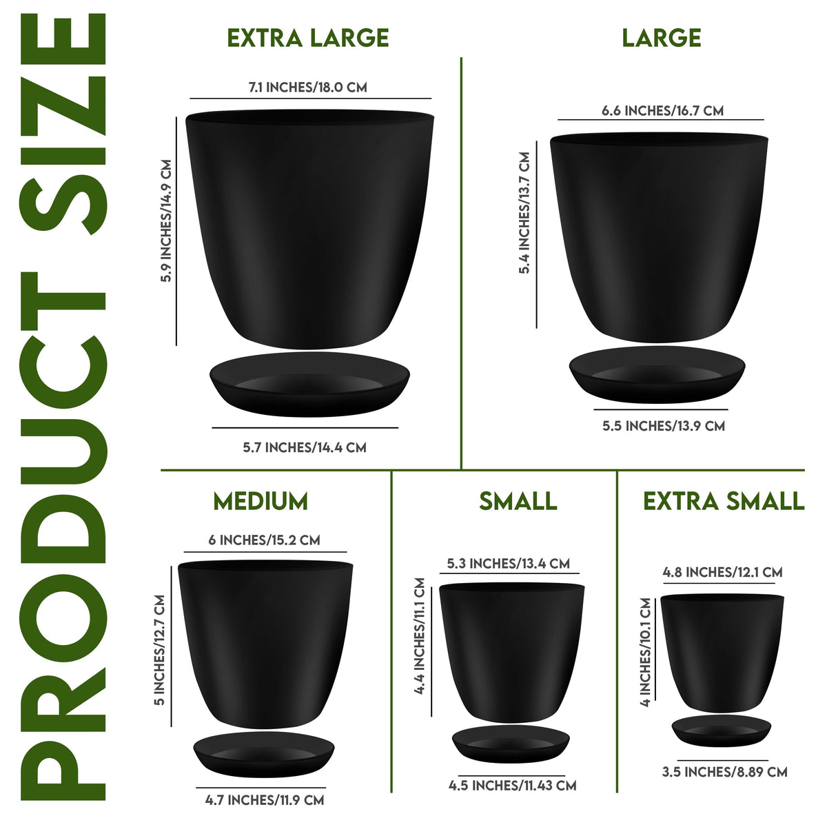 Plant Pots Indoor with Drainage, 5 Pack Multi-Size Planters Set, Black