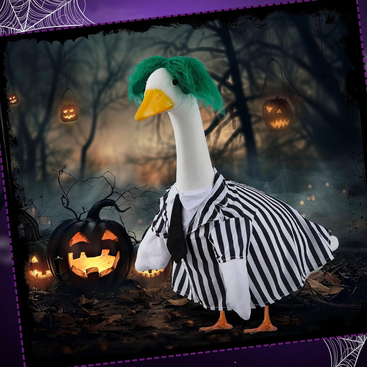 Halloween Porch Goose Outfits Black and White Striped Suit and Wig Movie Clothes for 23 Inch Cement