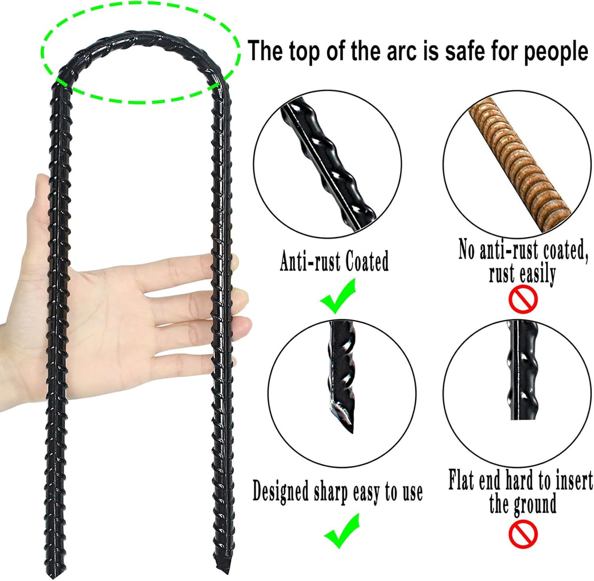 12-Inch Trampoline Wind Stakes, Extra Heavy Duty U Shaped Coated Rebar Stakes Safety Ground Anchors