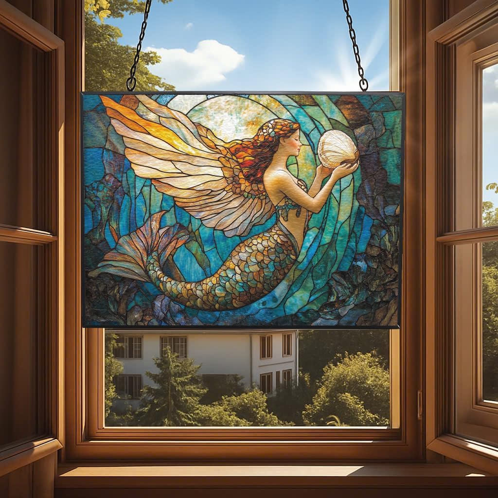 Customized Rectangle Art Nouveau Coral Mermaid Stained Glass Window Hanging, Suncatcher for Women