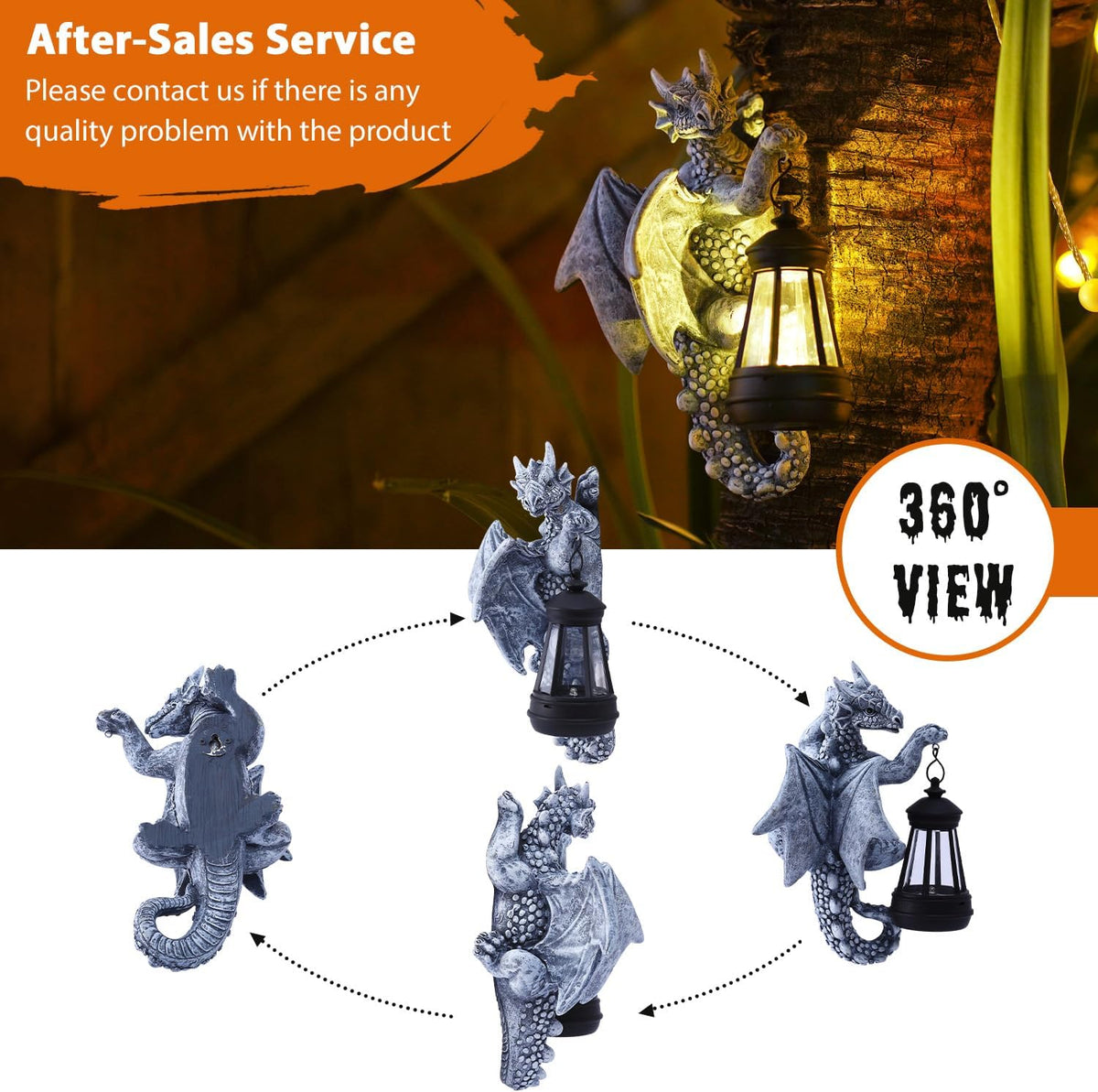 Goodeco Dragon Tree Hugger Solar Lantern Garden Statue - 9.3 Inch Resin Dragon Decor for Outdoor
