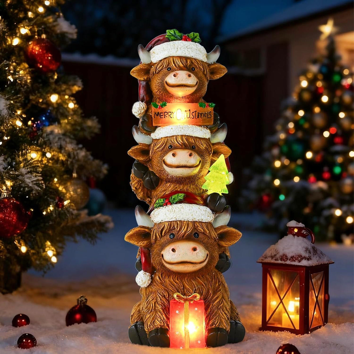 Christmas Highland Cow Decor with Solar Light Triple Highland Cow Christmas Decorations Gifts for