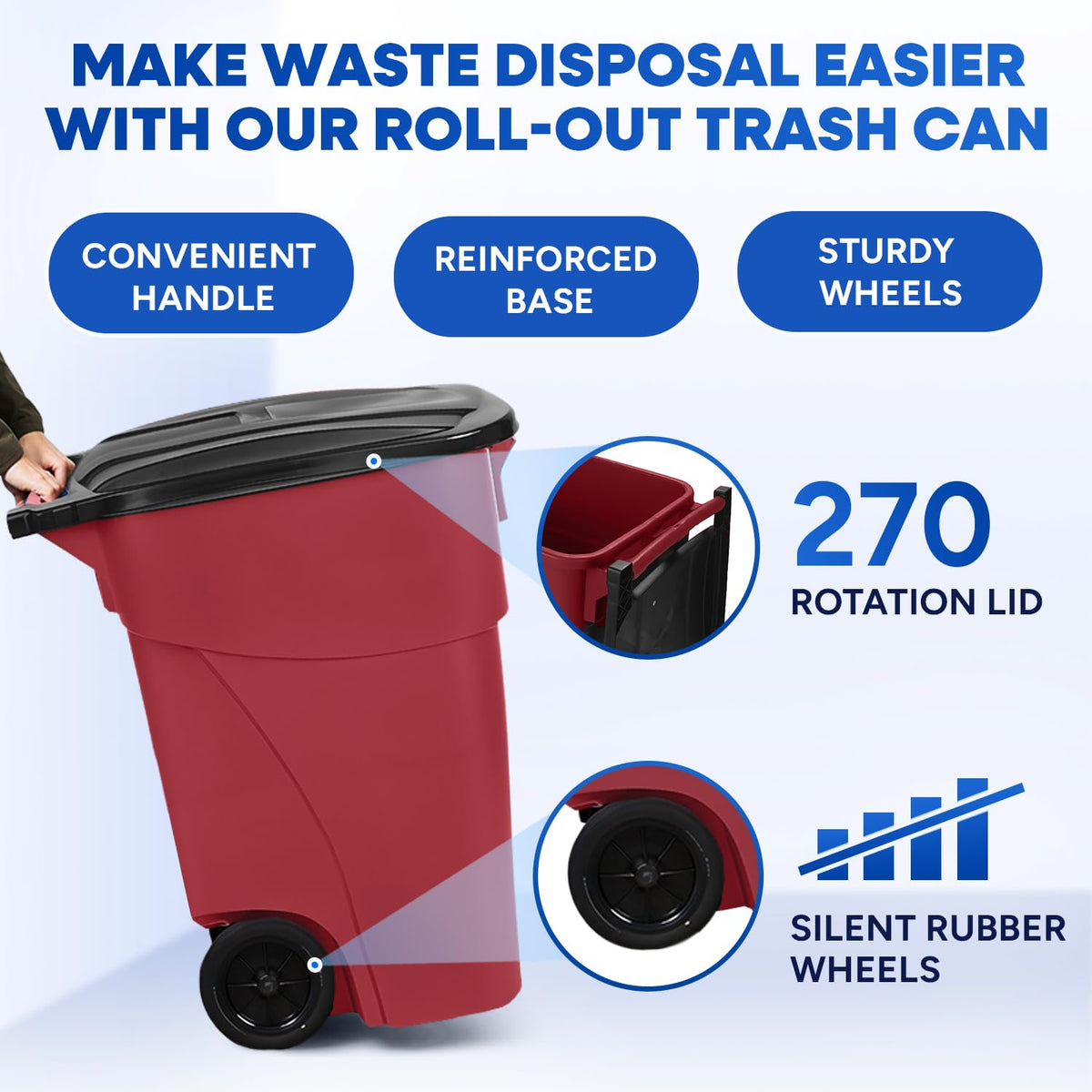 50 Gallon Trash Can, Red Outdoor Garbage Can, Wheeled Outside Trash Bin, Outdoor with Lid and