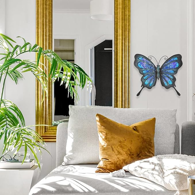 HONGLAND Metal Butterfly Wall Decor Outdoor Indoor Art Sculpture Hanging Glass Decorations Blue for
