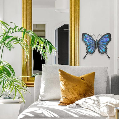 HONGLAND Metal Butterfly Wall Decor Outdoor Indoor Art Sculpture Hanging Glass Decorations Blue for