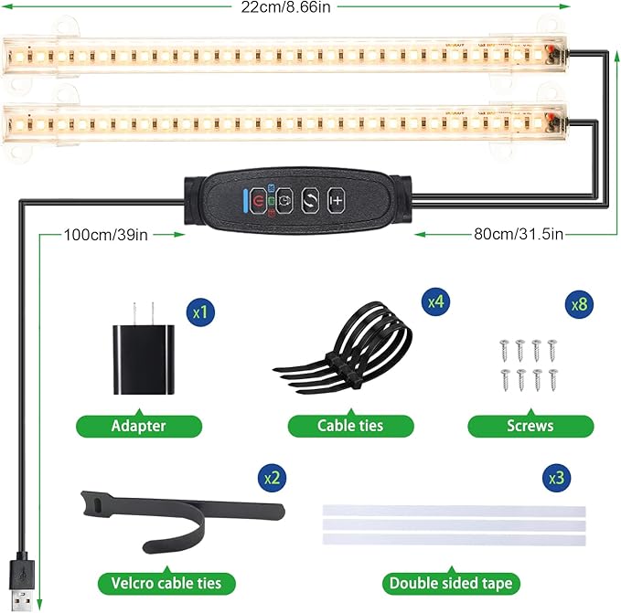 8.6'' Mini LED Grow Light Strips, Full Spectrum 3000K, 52 LED Plant Light with 3/9/12H Timer, 10