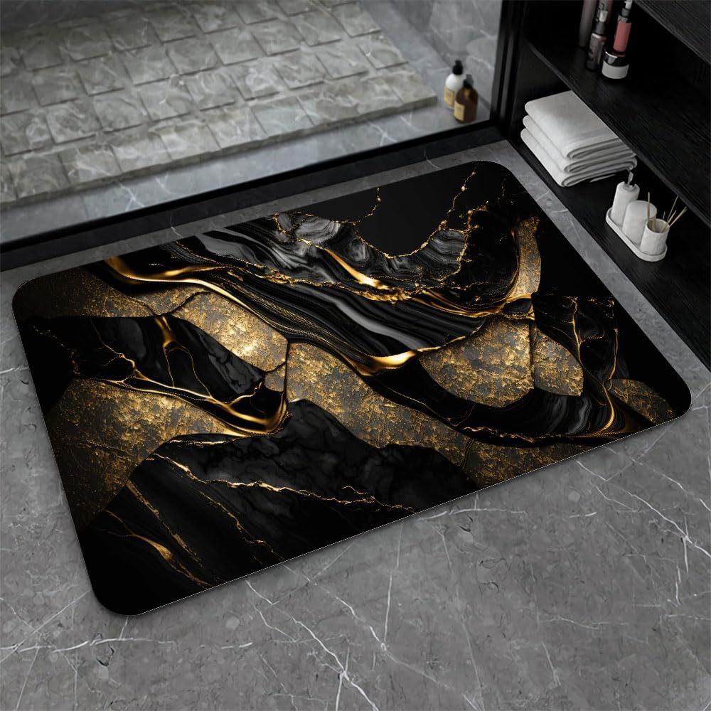 Bath Mat-Bathroom Rug，Black and Metallic Gold Marble-Absorbent Non Slip Quick Dry Stain Resistant