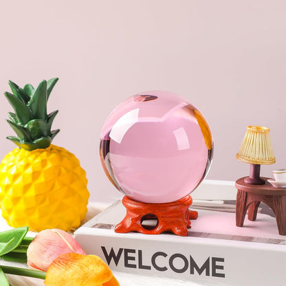 Pink Crystal Ball 100mm/3.9 inch with Rose Wooden Stand and Gift Box for lensball