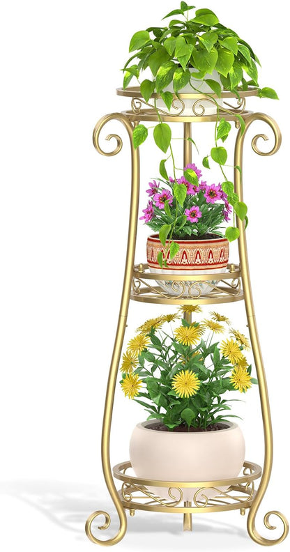 LASZOLA 3 Tier Gold Metal Plant Stand for Multiple Large Planters Indoor Outdoor Organizer, Heavy