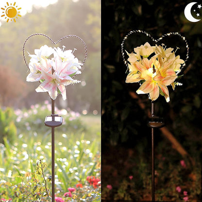 Starryfill Garden Solar Lights Outdoor Heart-Shaped with White Lily Flowers, Metal Stake Lights
