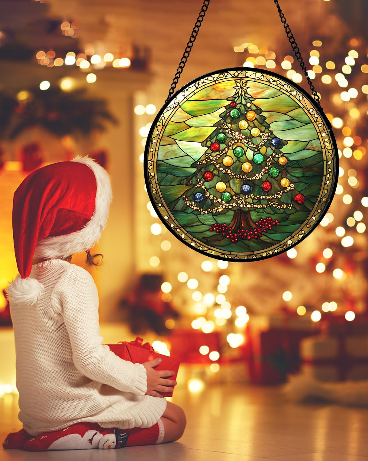 Stained Glass Window Hanging - Green Christmas Tree Gold Ribbon Suncatcher for Doors Home Christmas