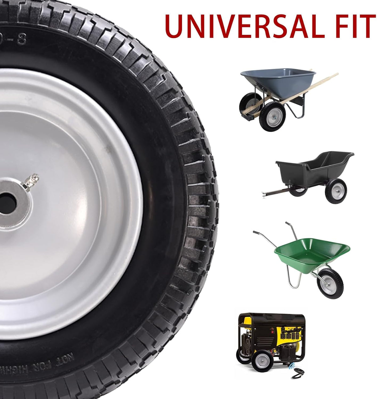 14.5" Wheelbarrow Tire, 3.50-8" Flat-free Solid Tire and Wheel with 3" -7" Centered Hub and 5/8" &