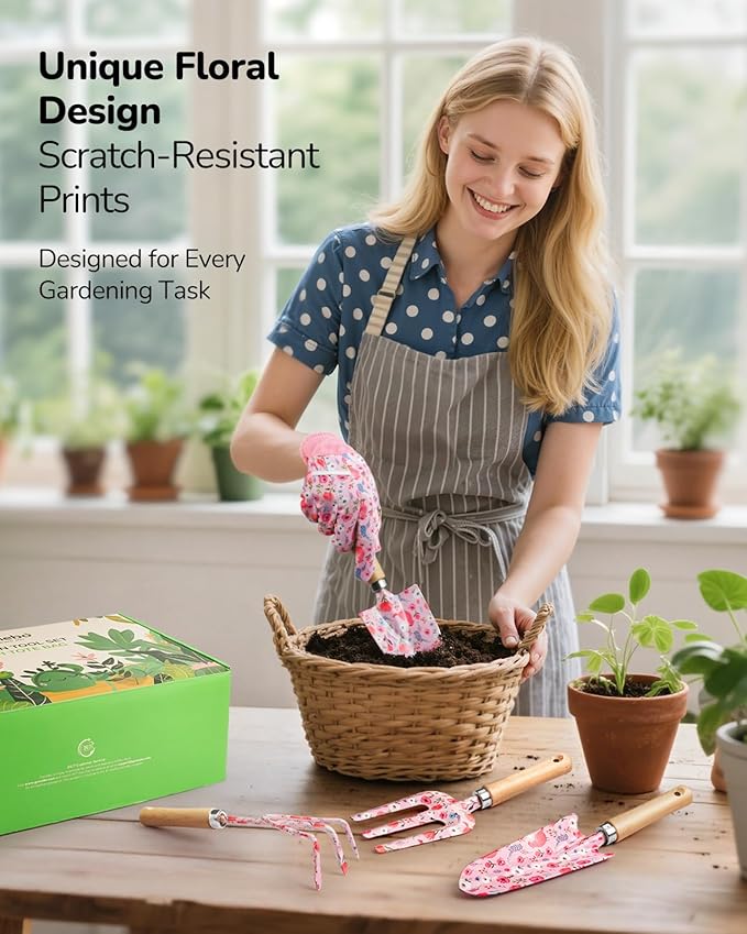 Gardening Tools, 10-Piece Gardening Gift Set for Women, Rust-Proof & Heavy-Duty Tools with Floral