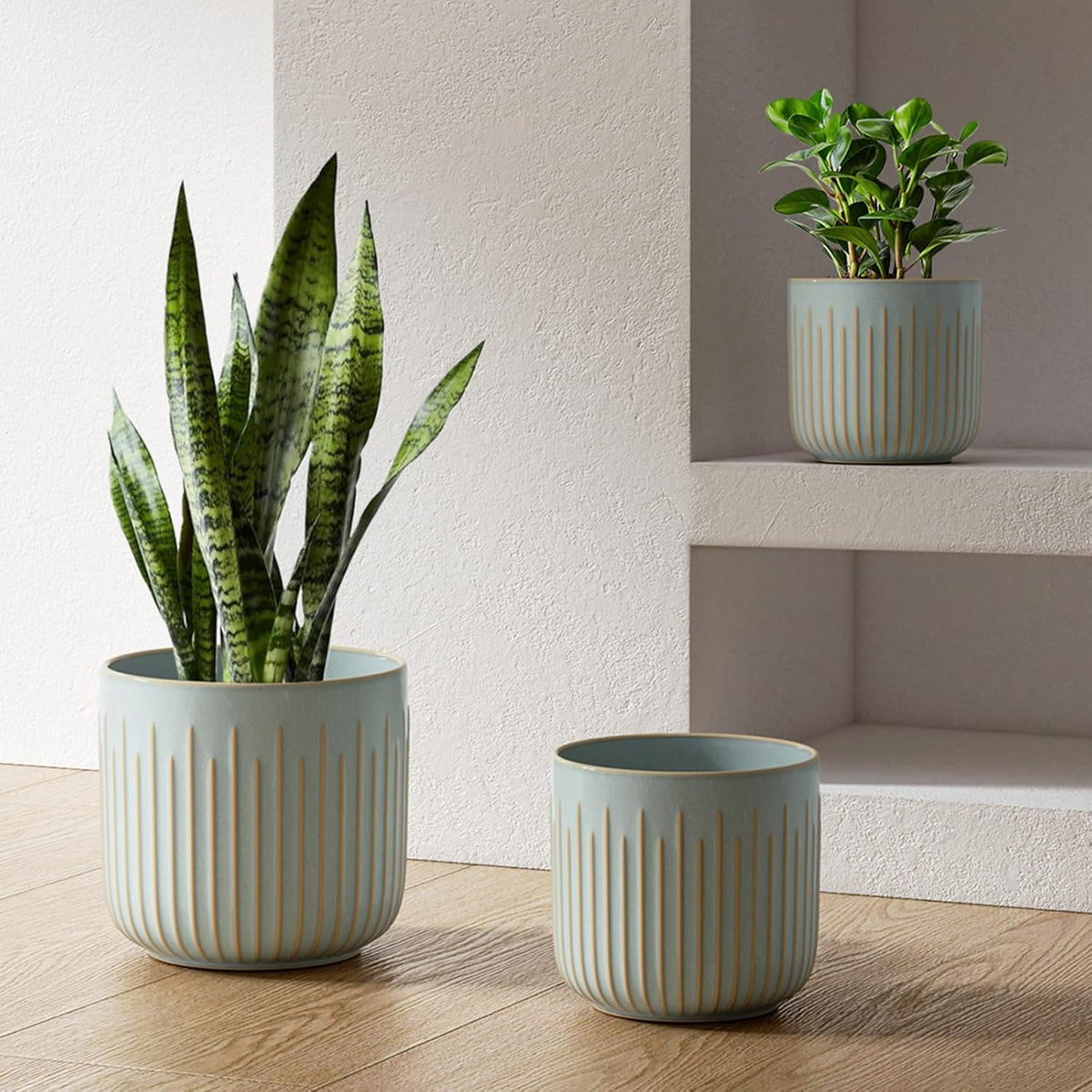 LE TAUCI Fluted Ceramic Planters Set of 3 – 8.3/7 / 5.7 in Blue Gray Reactive Cylinder Indoor Plant