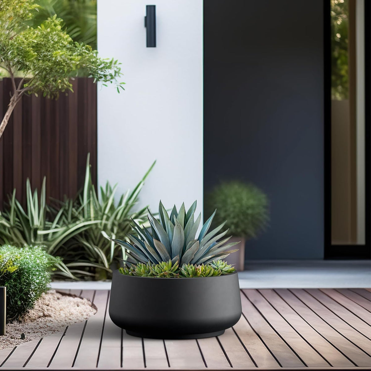 Kante 16.1" Dia Round Curvy Concrete Planter, Large Plant Pots with Drainage Hole and Rubber Plug