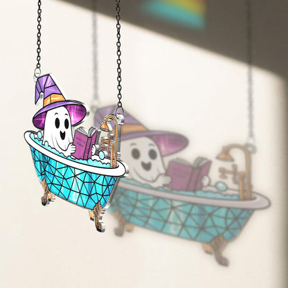 2 Boo Bathtub Acrylic Suncatchers, Gothic Cute Ghost Reading Book Window Hanging Ornaments