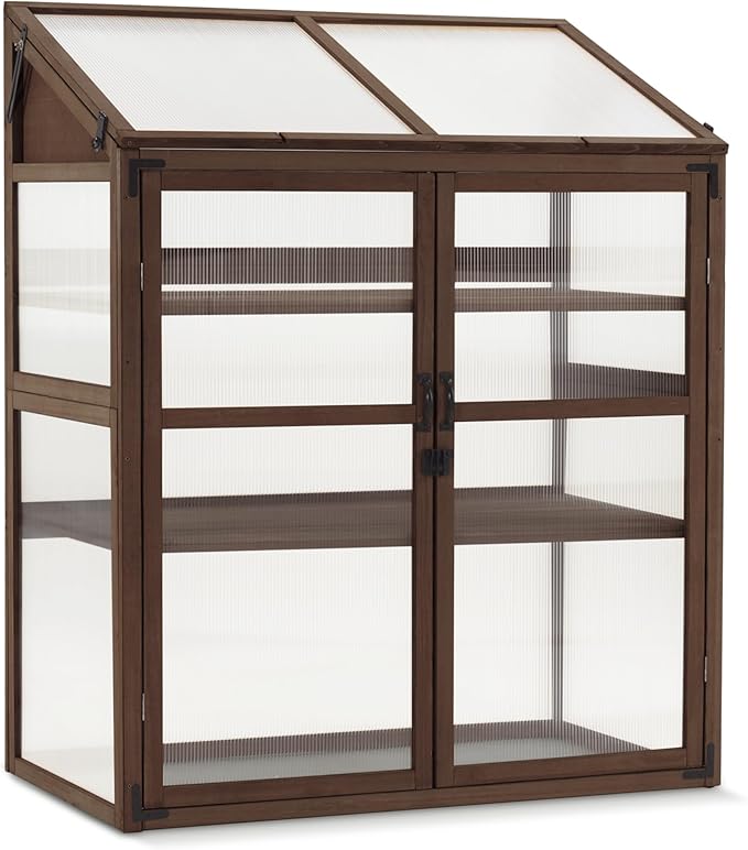 Macrout Cold Frame Greenhouse, Large Wooden Greenhouse Cabinet, Garden Cold Frame with Adjustable