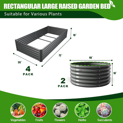 A ANLEOLIFE 6-Pack 4X4X1.5ft & 6X3X1.5ft Deep Root Galvanized Raised Garden Beds Outdoor for