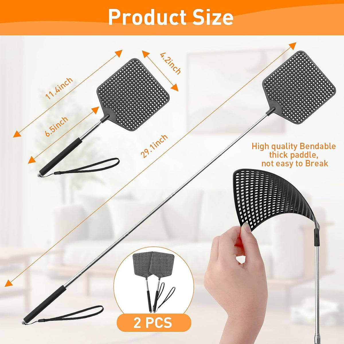 Telescopic Fly Swatters 2 Pack, Premium Plastic Flyswatter, Fly Swatter Heavy Duty for Indoor
