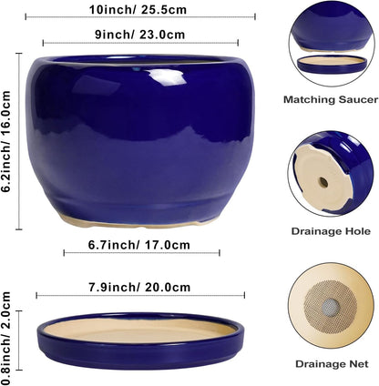 SQOWL Ceramic Plant Pot - 10 Inch Ceramic Planter for Indoor Outdoor, Round Flower Pot with
