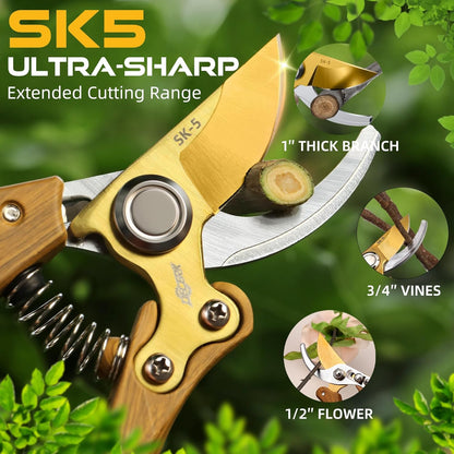 8.5" Professional Bypass Pruning Shears – Heavy Duty Garden Scissors & Clippers for Wood & Tree