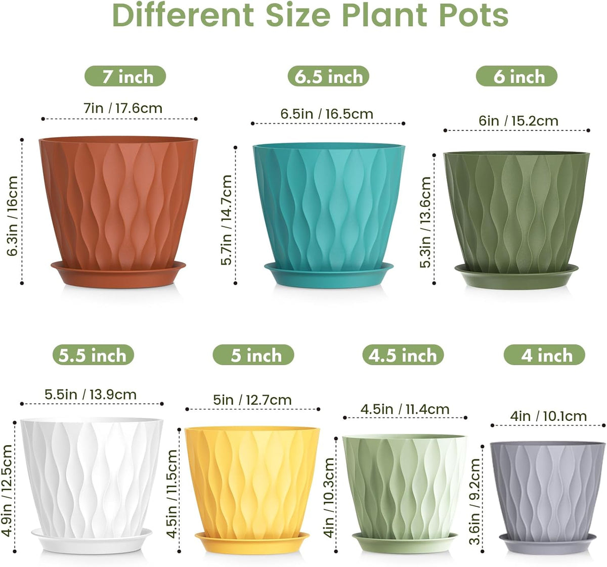 7/6.5/6/5.5/5/4.5/4 inch Plant Pots for Indoor Outdoor Plants, 7 Pack Thick Flower Pots with