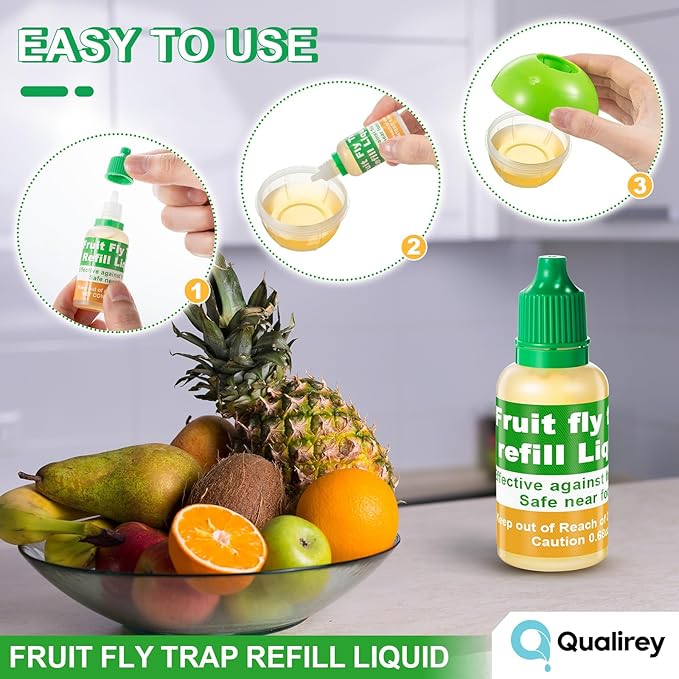 Qualirey 12 Pack Fruit Fly Trap Refill Liquid, 0.68oz Per Bottle Liquid Fruit Fly Traps for