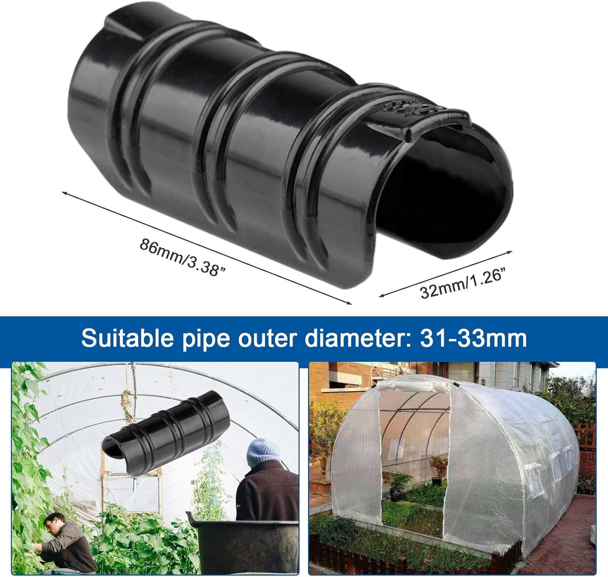 Mtsooning 32mm Greenhouse Frame Pipe Tube, 10 Pcs Plastic Garden Buildings Tube Clip, Black ABS