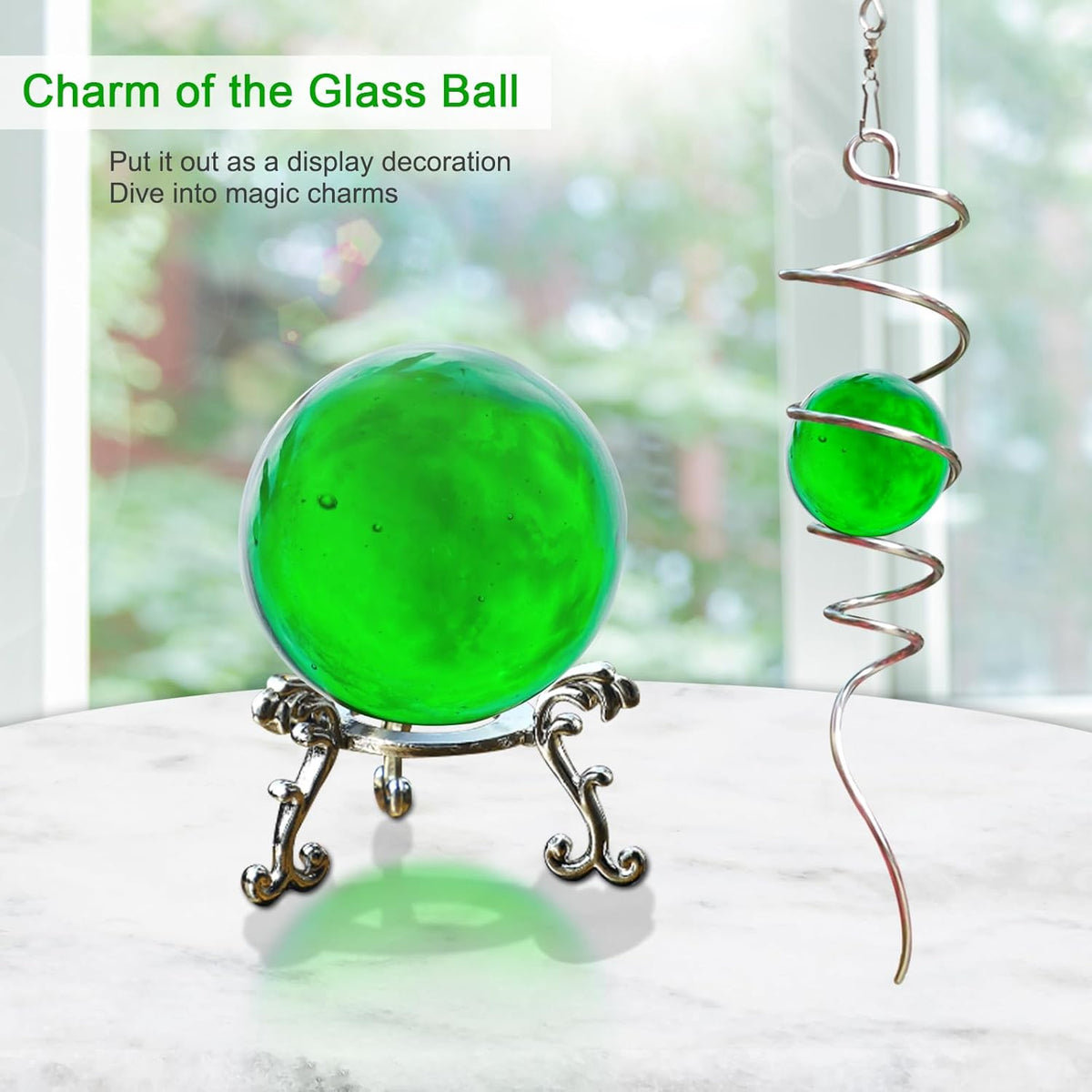 Wind Spinner Tail, Wind Spinners Stabilizer with Green Glass Orb, Gazing Ball Spiral, Sun Catcher