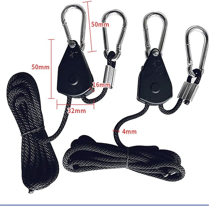 Grow Light Rope Hanger 50Pairs，1/8" 8-Feet Long Heavy Duty Adjustable Rope Clip Hanger, Adjustable