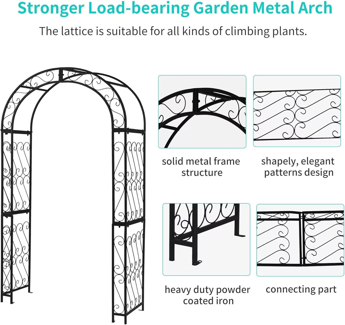 SCENDOR 48.8" W x 83.8" H Garden Arch, Black Sturdy Metal Iron Arbor, Courtyard Cast Trellis for