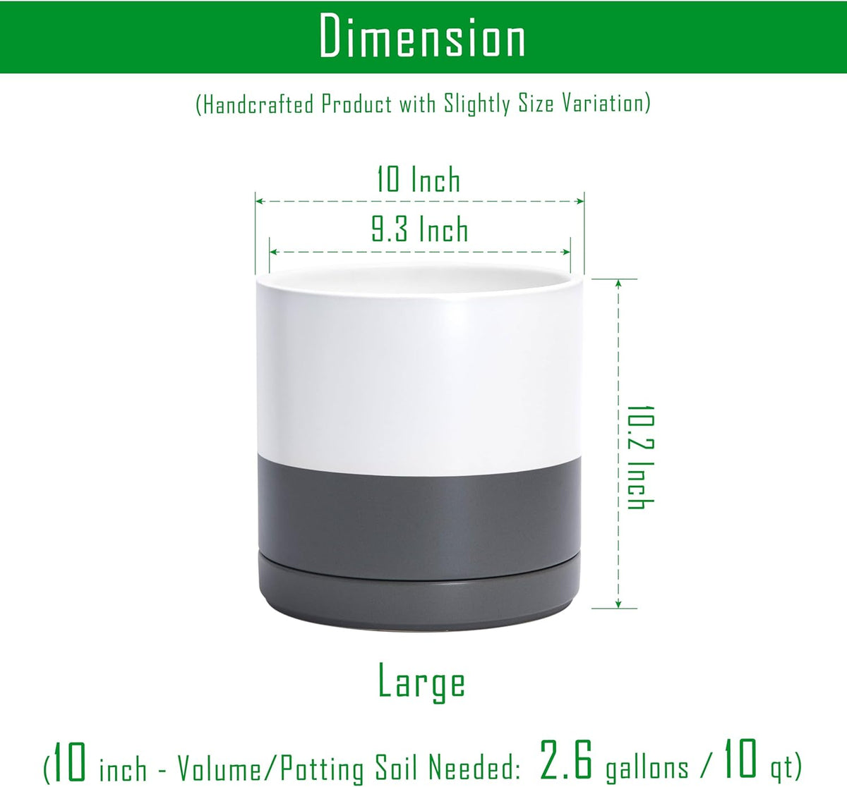 D'vine Dev 10 Inch Ceramic Planter Pot with Drainage Hole and Saucer, Indoor Cylinder Round Planter