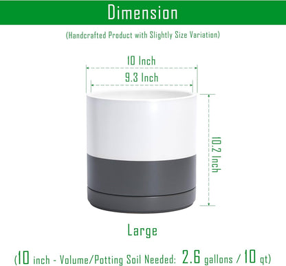 D'vine Dev 10 Inch Ceramic Planter Pot with Drainage Hole and Saucer, Indoor Cylinder Round Planter