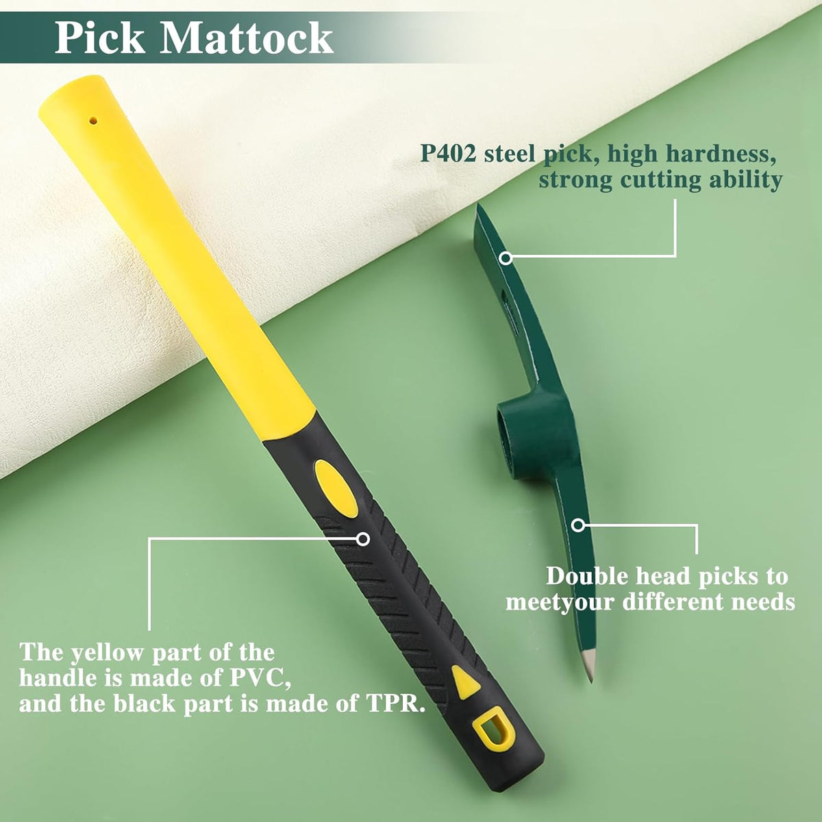 15 Inches Pick Mattock Hoe, Heavy Duty Forged Weeding Mattock Hoe with Fiberglass Handle, Garden