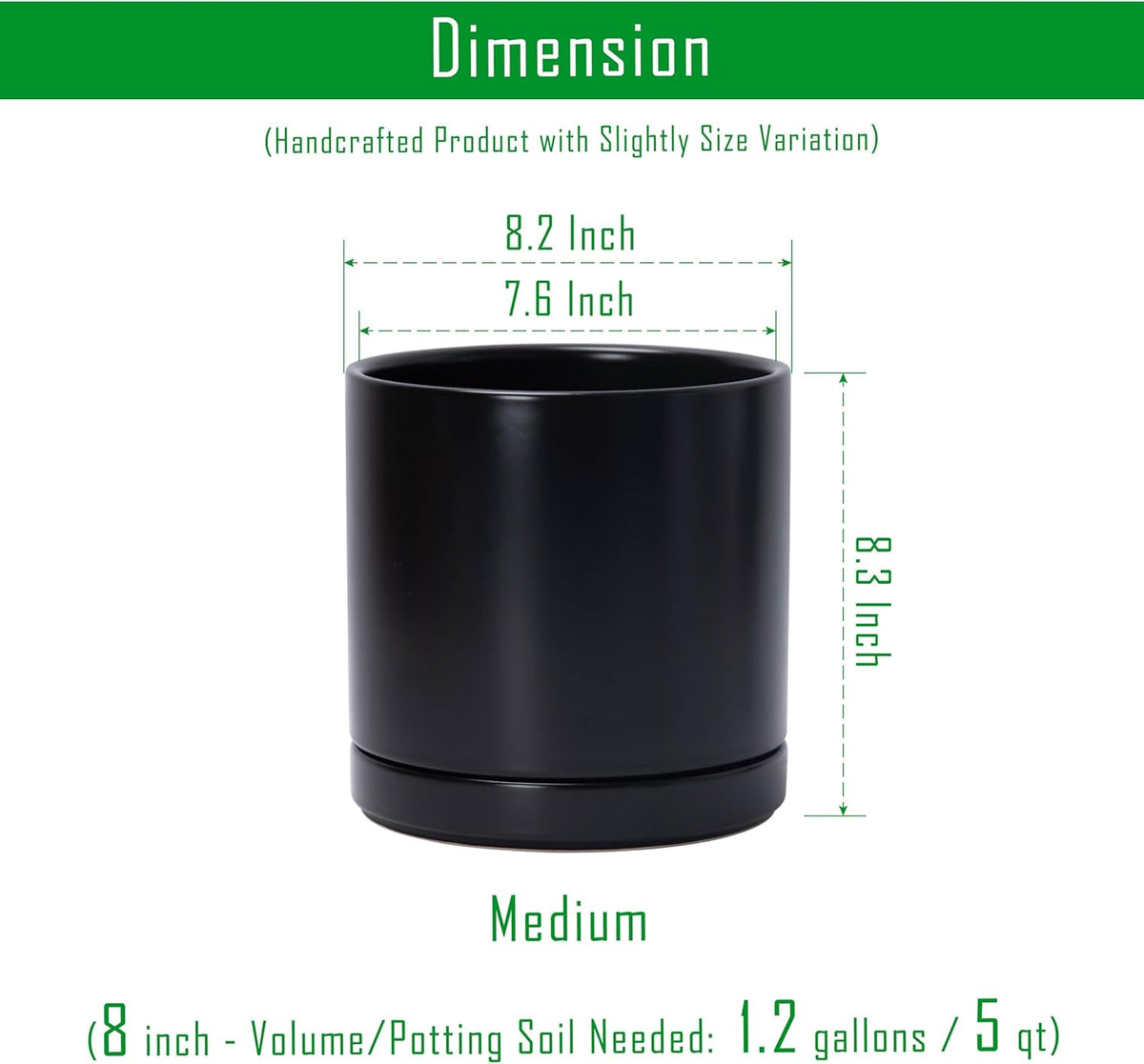 D'vine Dev 8.2 Inch Ceramic Planter Pot with Drainage Hole and Saucer, Indoor Cylinder Round
