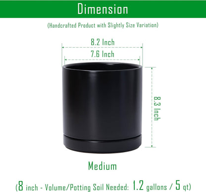 D'vine Dev 8.2 Inch Ceramic Planter Pot with Drainage Hole and Saucer, Indoor Cylinder Round
