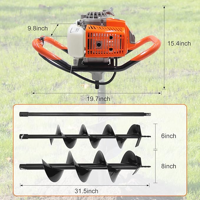 72CC Newly Upgraded Post Hole Digger Gas Powered, 2 Stroke Auger Post Hole Digger with 2 Drill Bits