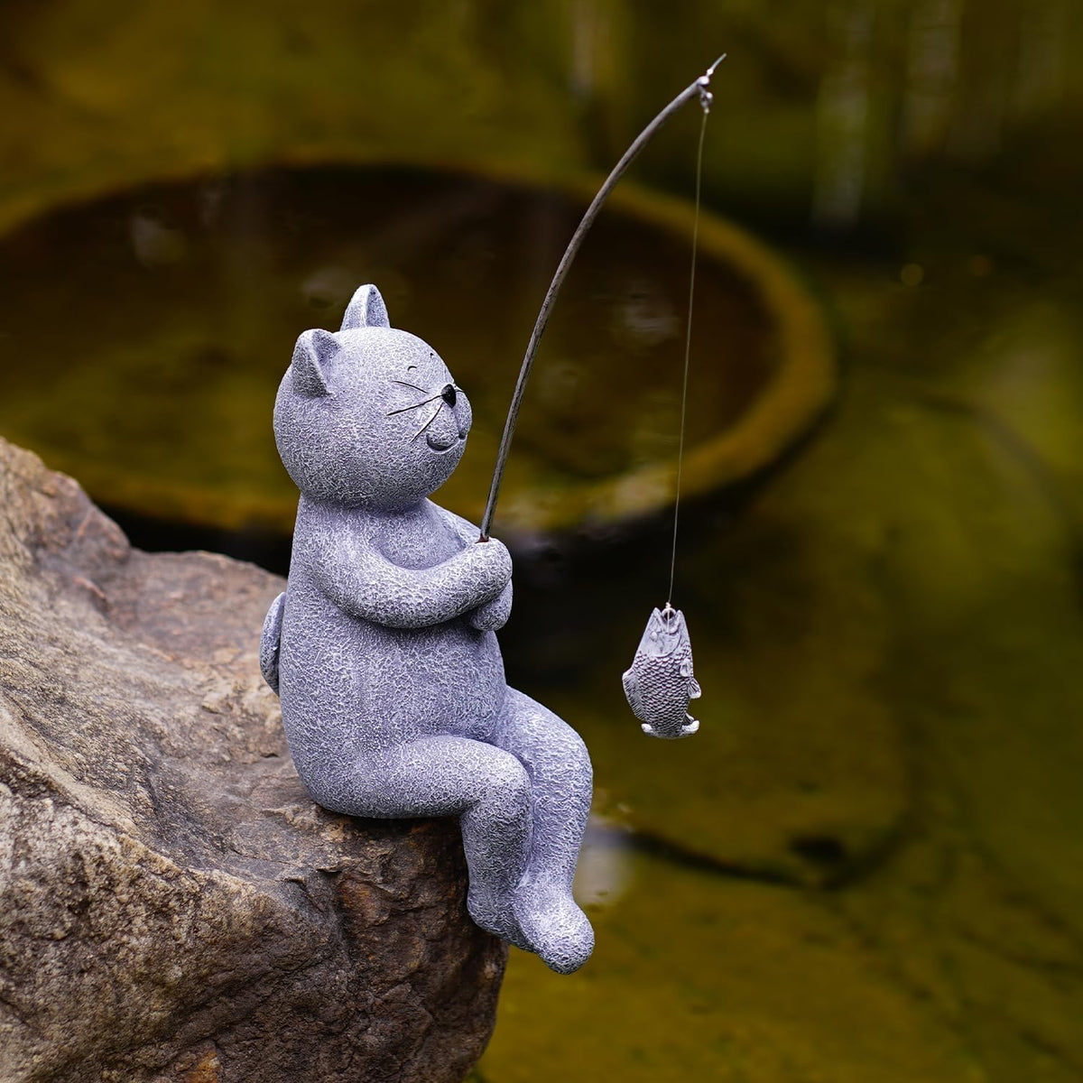 Goodeco Fishing Cat Garden Statue – 10" Little Cat Fisher for Garden Pond Decor, Poolside Statue
