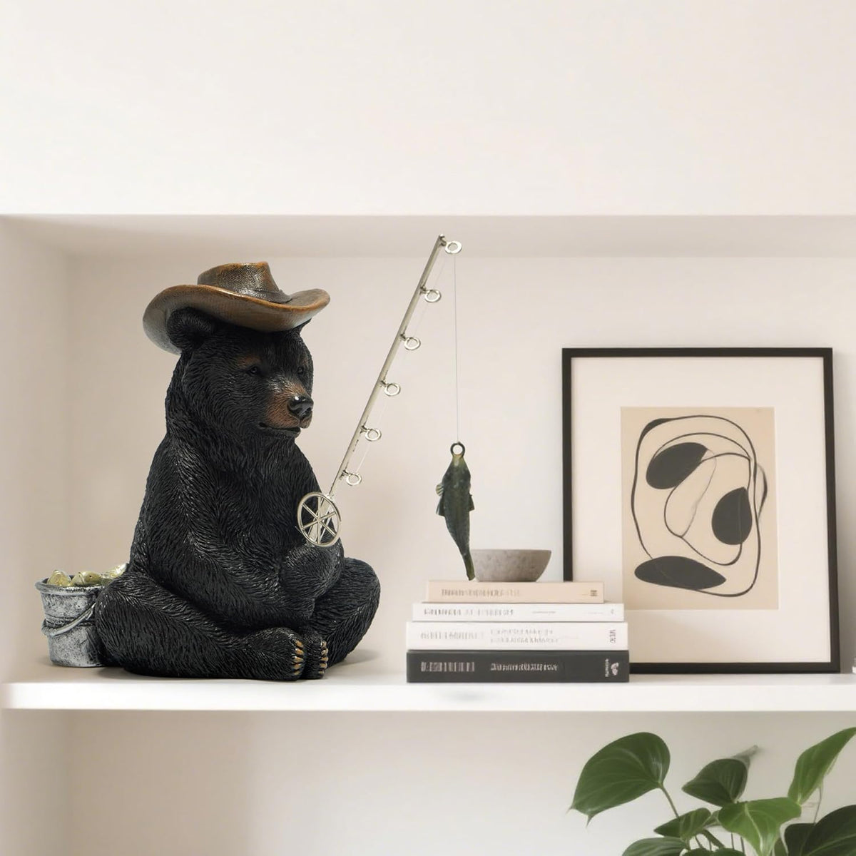 Hodao Black Bear Fishing Figurines Decoration Summer Bear Crafts for Home Office Desk Decor Statue