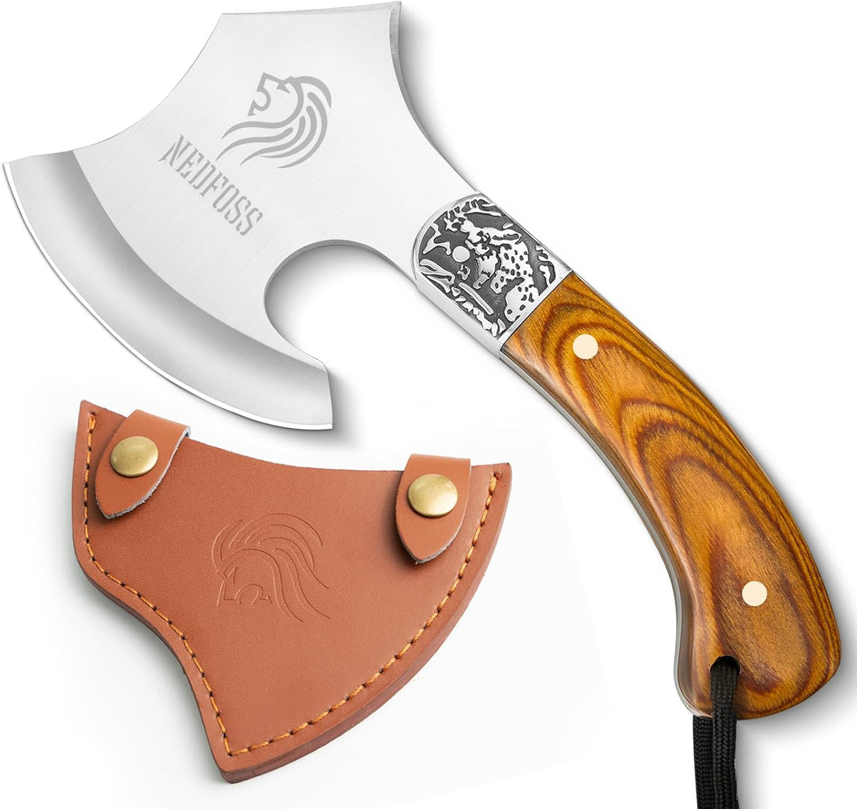 NedFoss Warthog Camping Axe, 9" Full Tang Small Axe with Leather Sheath, Survival Hatchet with Wood