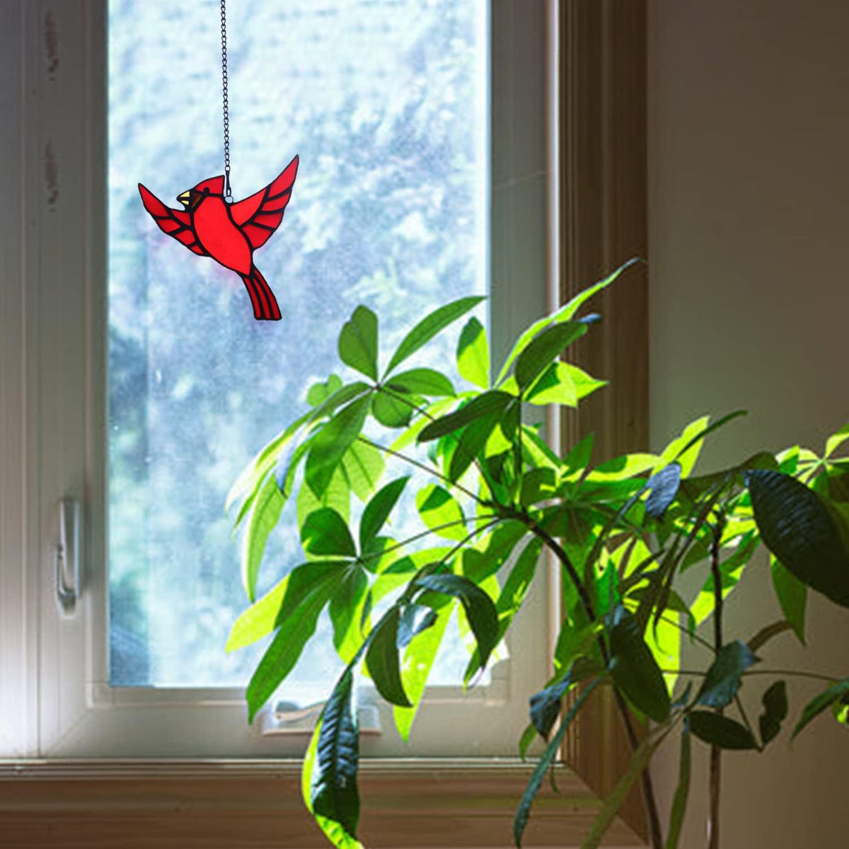 BOXCASA Red Cardinal Stained Glass Window Hanging,Cardinal Ornaments Stained Glass Suncatcher for