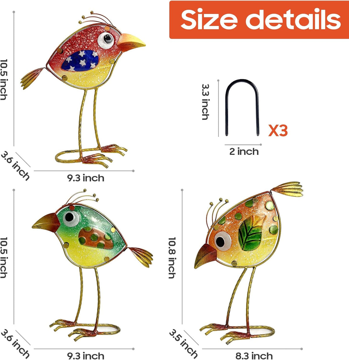 Garden Decor for Outside,Funny Metal & Glass Bird Decor for Indoor & Outdoor Set of 3,Yard Art
