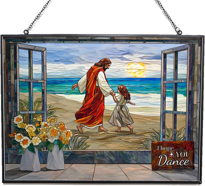 Rectangle I Hope You Dance Christian Stained Glass Sun Catcher, Wall Hanging Colored Decor Room