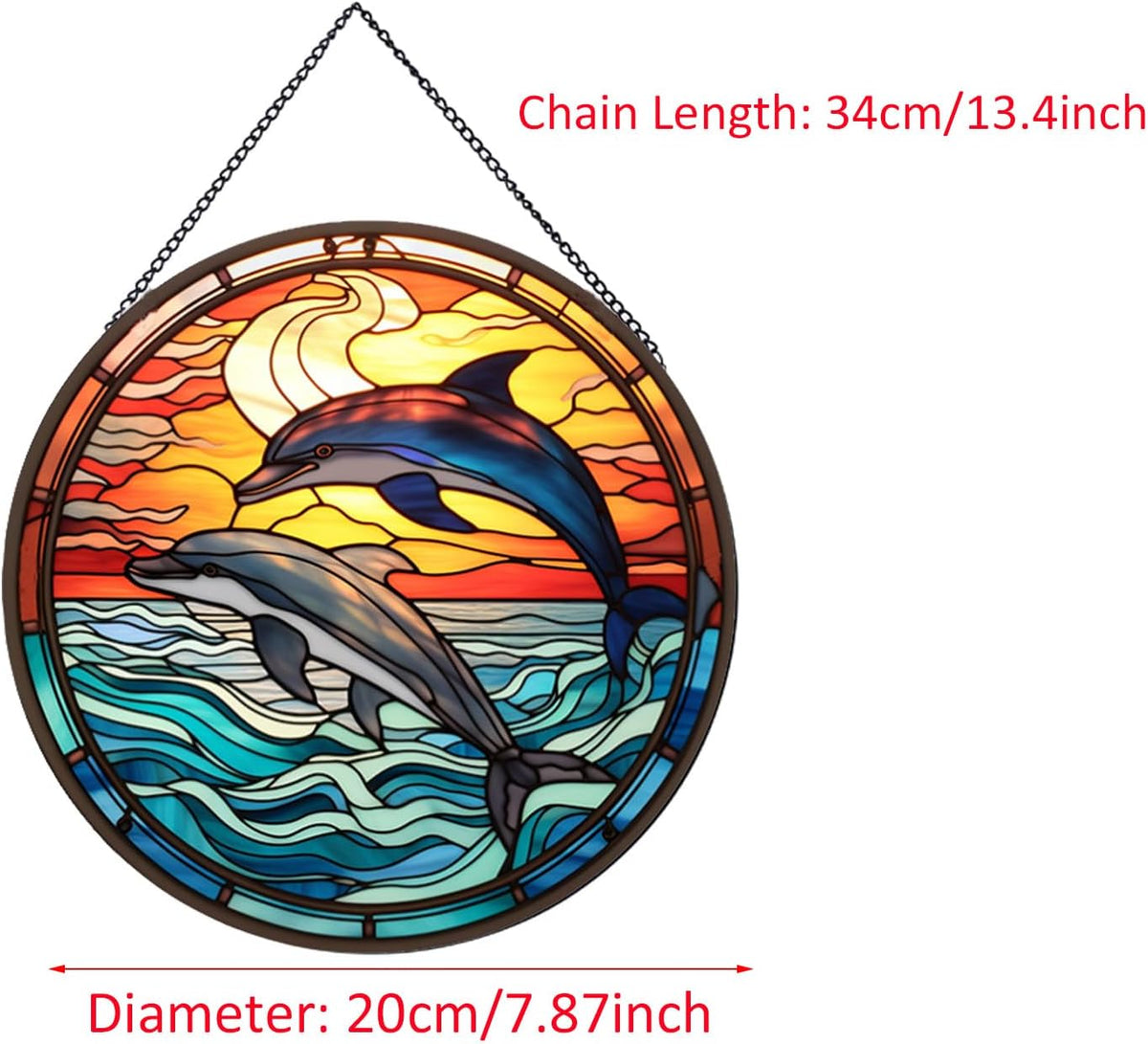 Jumping Dolphin Pattern Suncatcher Stained Glass,Hanging Stained Glass for Windows,20cm/7.87inch
