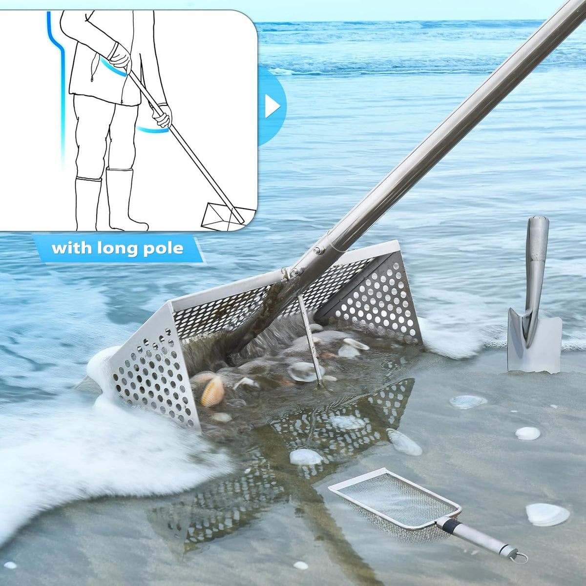 Sand Flea Rake, Long Handle Sand Sifter for The Beach, Stainless Steel Shark Tooth Sifter Comes
