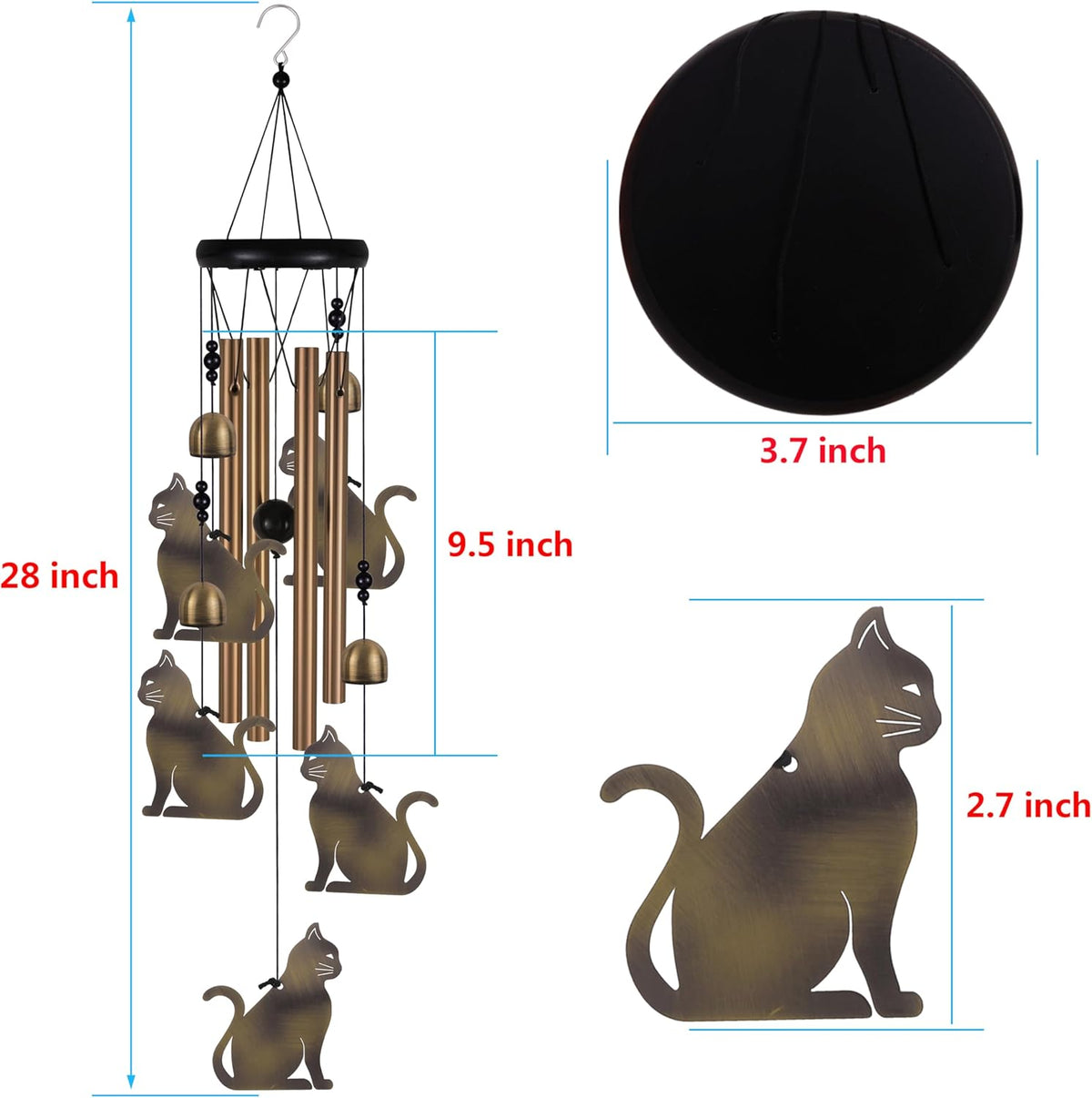 Garden Cat Wind Chimes Outdoor Indoor Decor - with 4 Tubes 4 Bells 5 Cats Wind Chime, Mobile